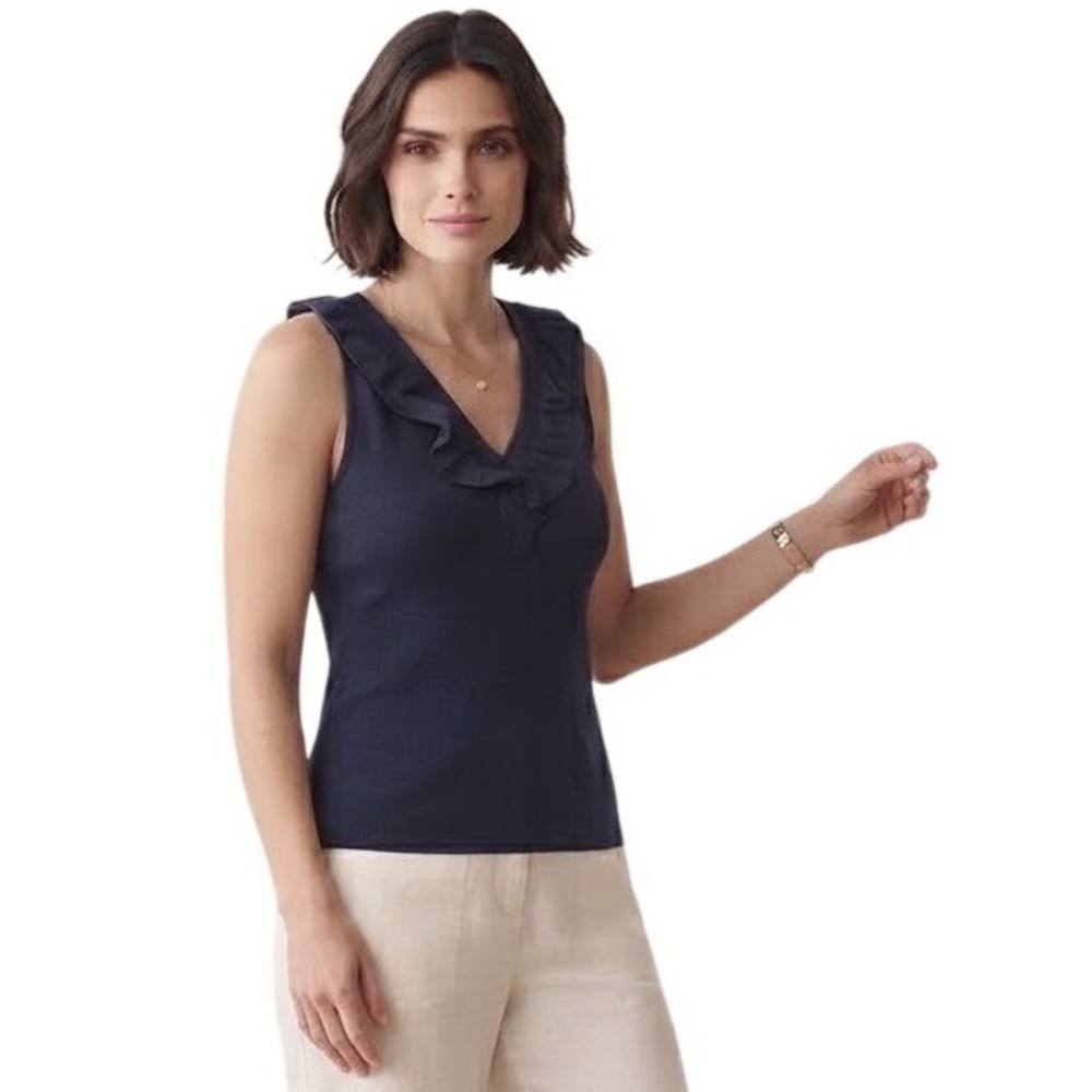 Stella Parker Ruffle Neck Top Blue Sleeveless Coastal Business Casual Large